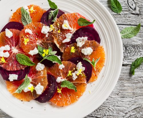 Blood oranges and beet salad with feta, mint and balsamic dressing
